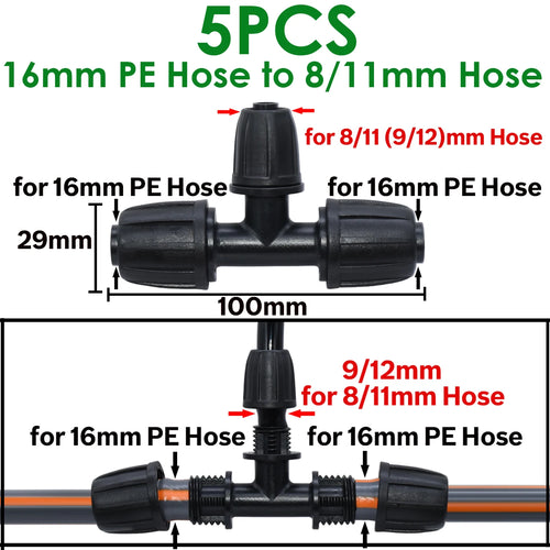 KESLA 5PCS 16mm 1/2'' PE Pipe Connector Splitter Tee Coupling Threaded