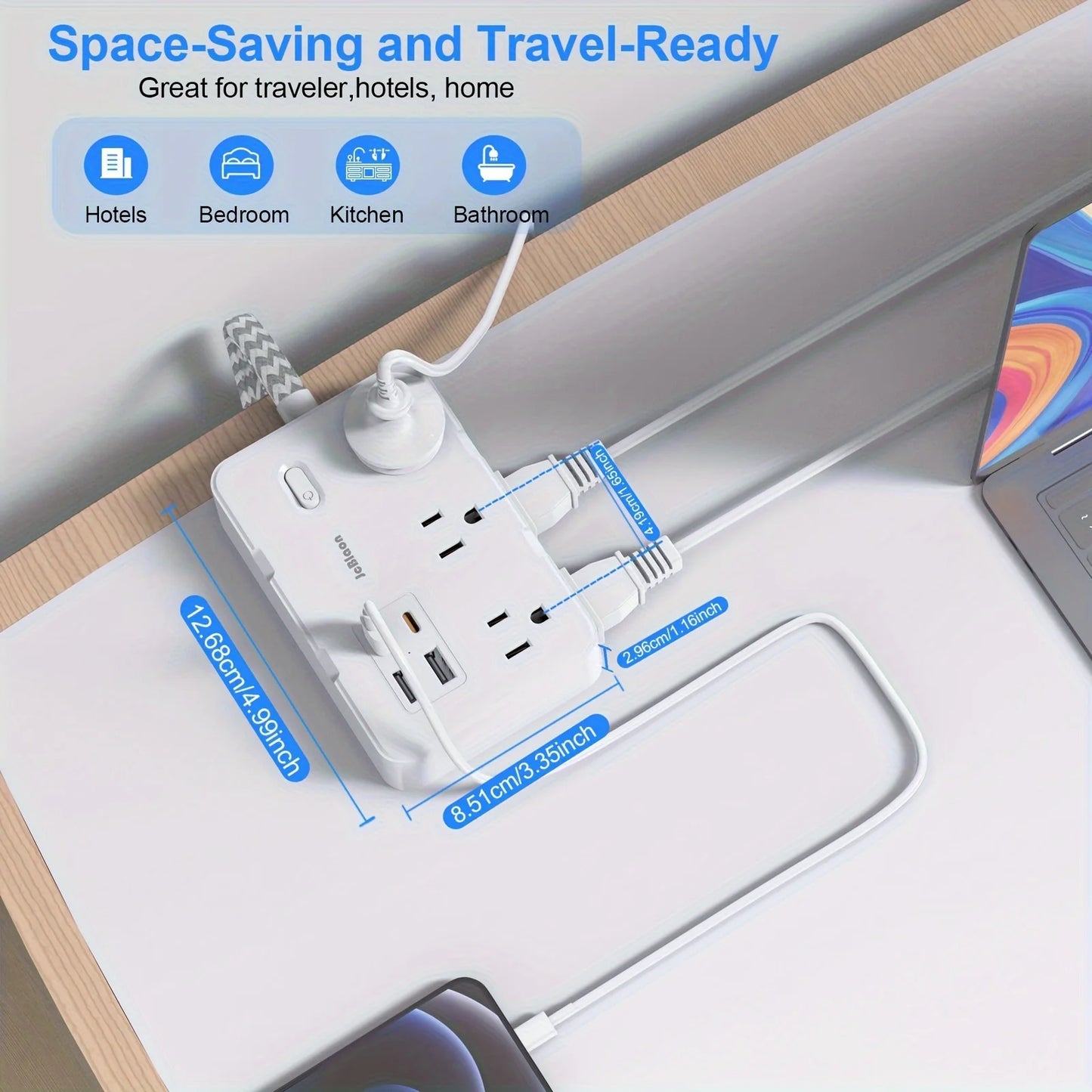 US Plug AC Outlet Multiprise Power Strip Braided Extension Cord Smart
