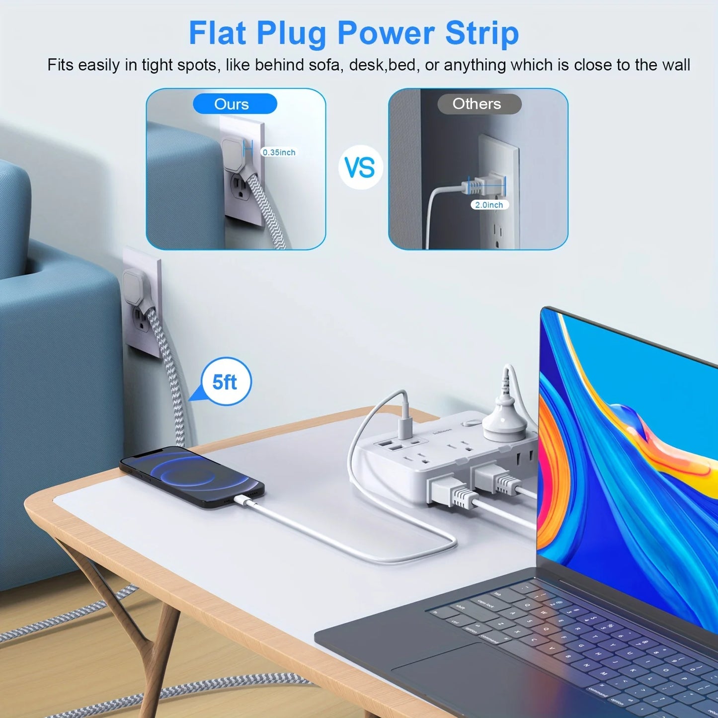 US Plug AC Outlet Multiprise Power Strip Braided Extension Cord Smart