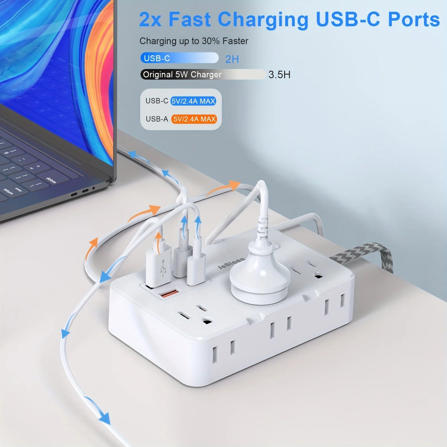 US Plug AC Outlet Multiprise Power Strip Braided Extension Cord Smart