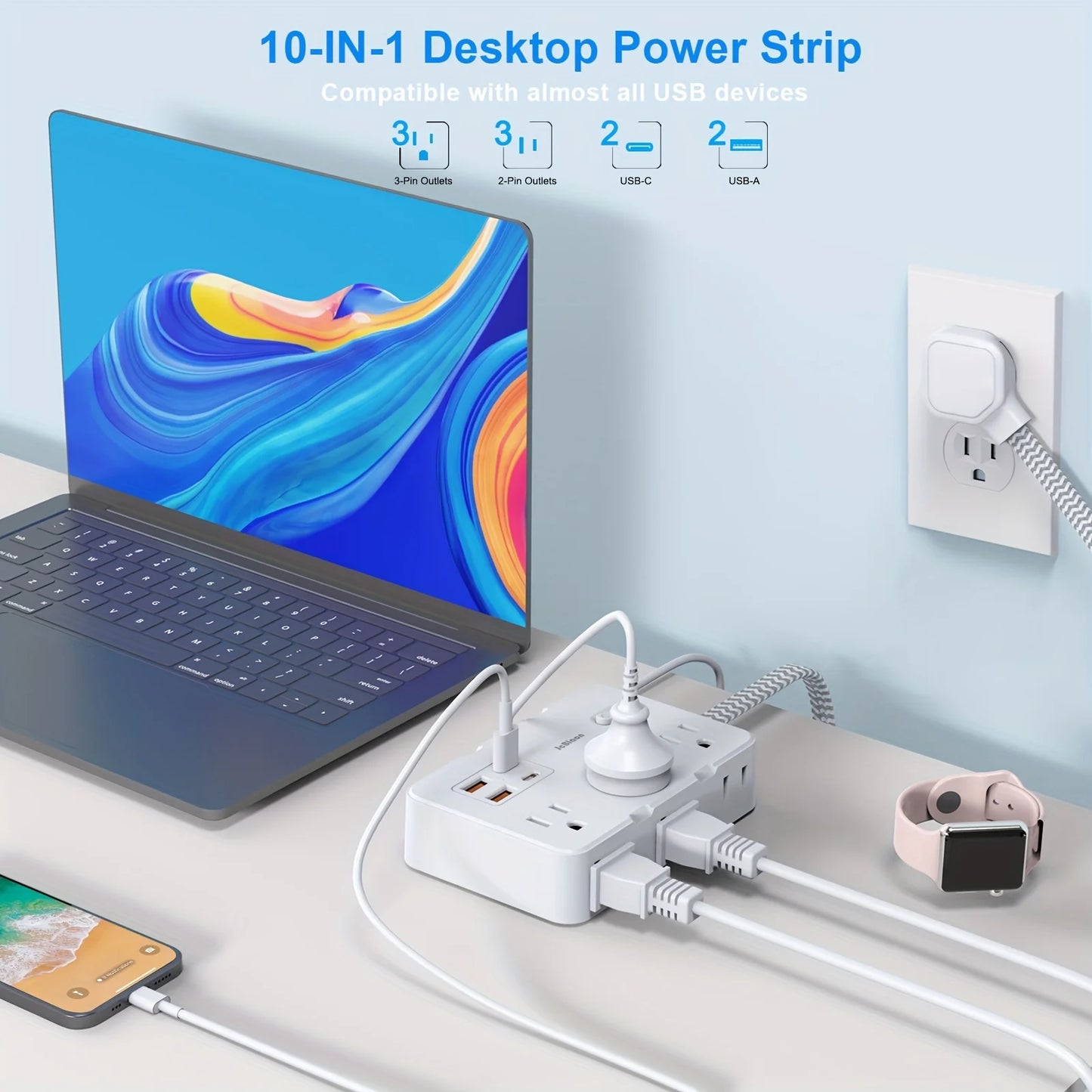 US Plug AC Outlet Multiprise Power Strip Braided Extension Cord Smart