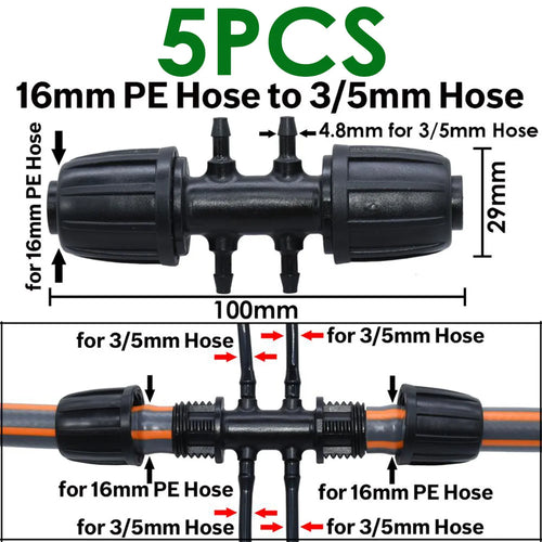 KESLA 5PCS 16mm 1/2'' PE Pipe Connector Splitter Tee Coupling Threaded