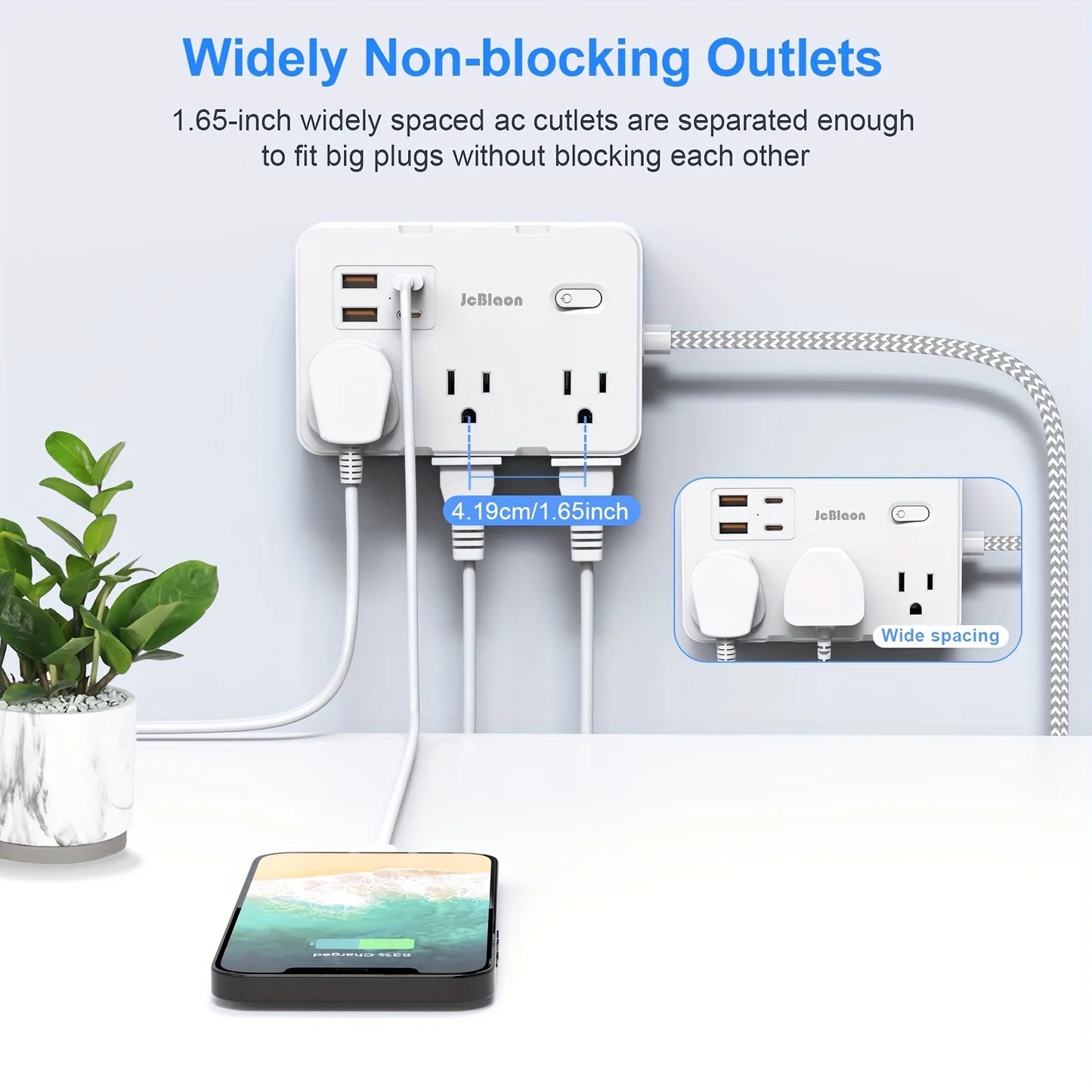 US Plug AC Outlet Multiprise Power Strip Braided Extension Cord Smart