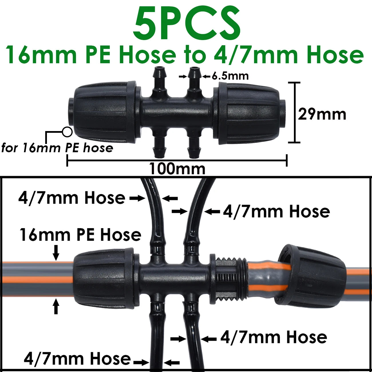 KESLA 5PCS 16mm 1/2'' PE Pipe Connector Splitter Tee Coupling Threaded