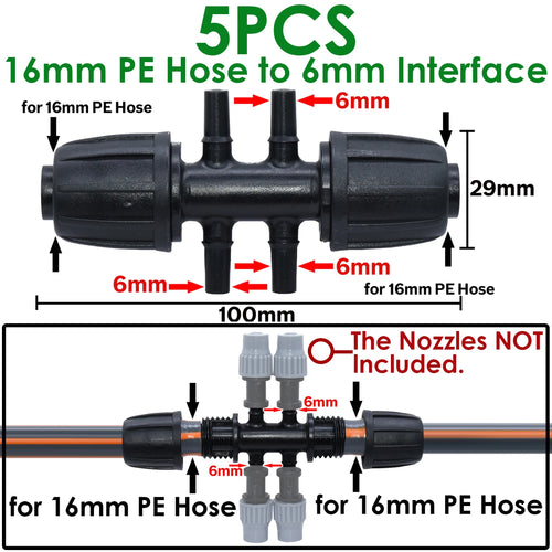 KESLA 5PCS 16mm 1/2'' PE Pipe Connector Splitter Tee Coupling Threaded