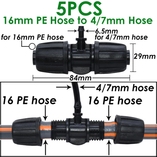 KESLA 5PCS 16mm 1/2'' PE Pipe Connector Splitter Tee Coupling Threaded