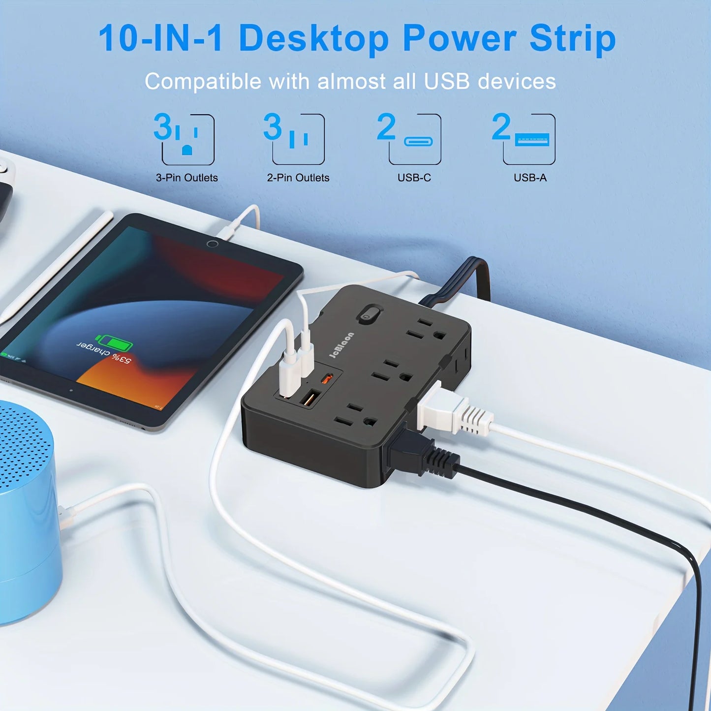 Ultra Thin Flat Plug Extension Cord with 4 USB Ports(2 USB C), 5ft