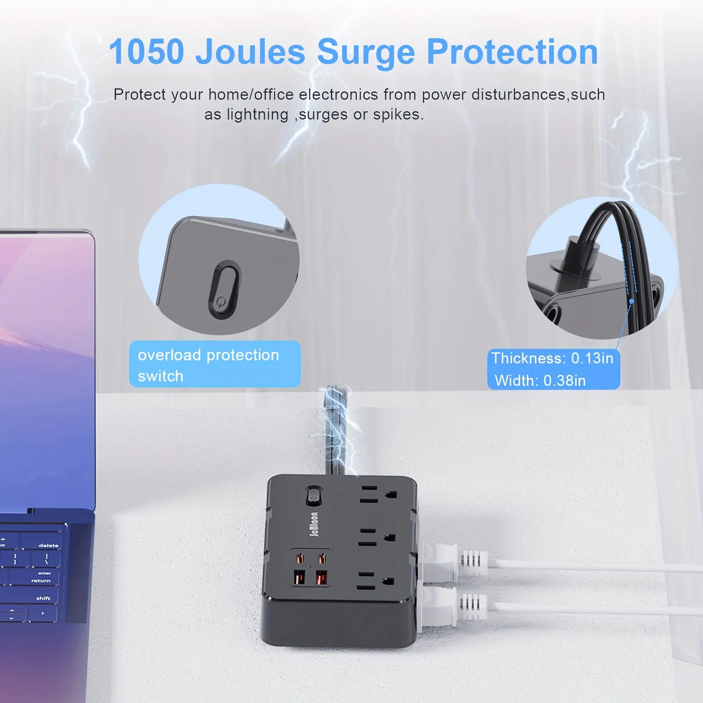 Ultra Thin Flat Plug Extension Cord with 4 USB Ports(2 USB C), 5ft