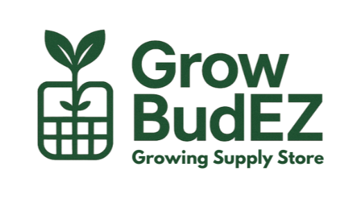 Grow BudEZ logo with a green leaf and grid design on a white background